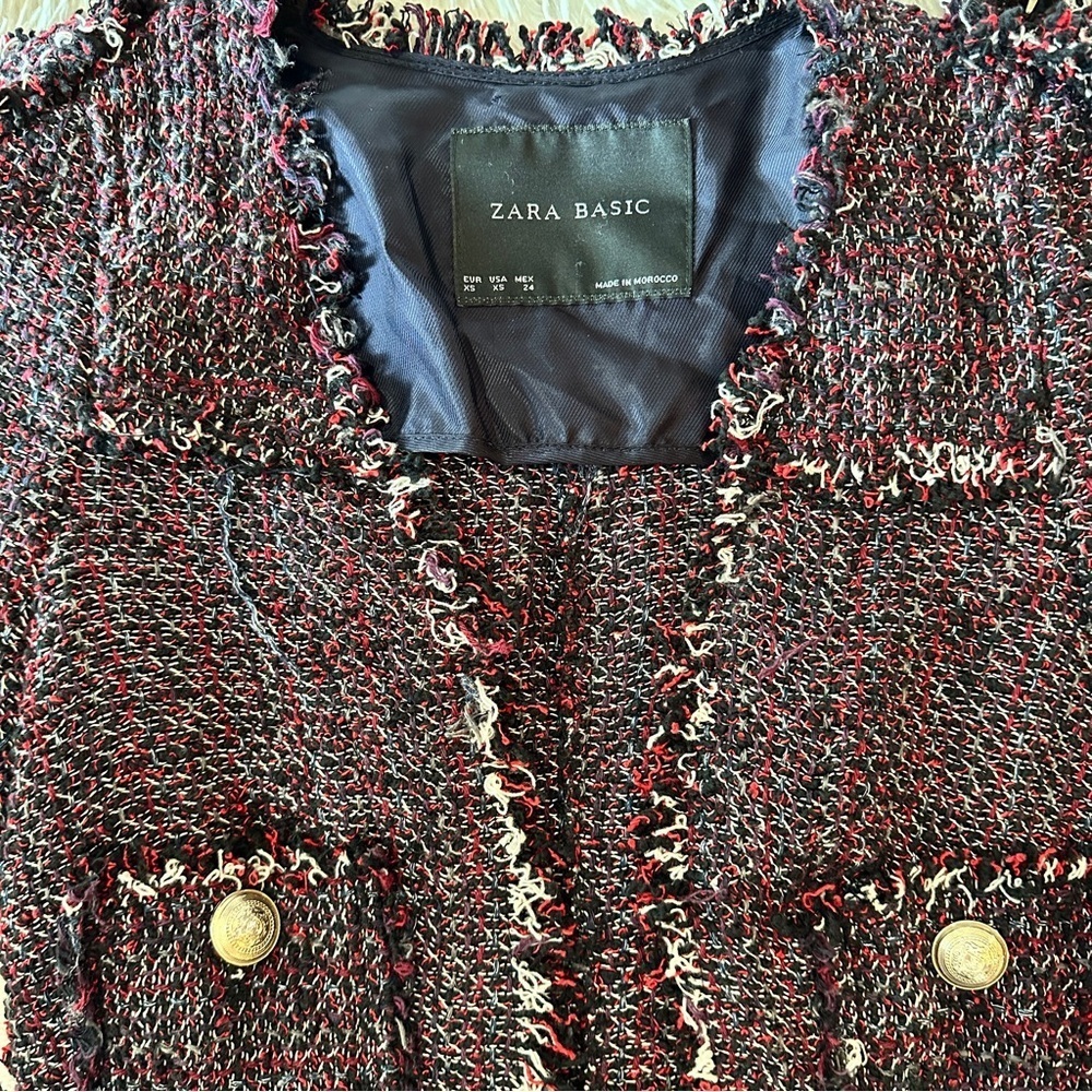Zara Basic Tweed Longline Coat Jacket XS Black Red Fringe Bouclé - Picture 10 of 16